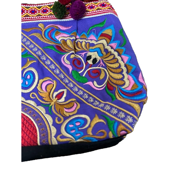 Embroidered 100% Cotton Thailand Boho Hand Bag Shoulder Bag Purse Zipper Pom Pom - Picture 5 of 10
